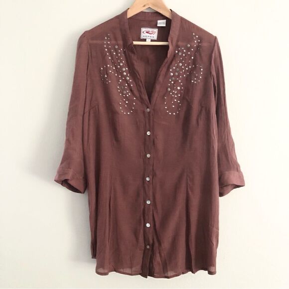 Roper sheer button down long line tunic style size large western bling - Picture 1 of 7